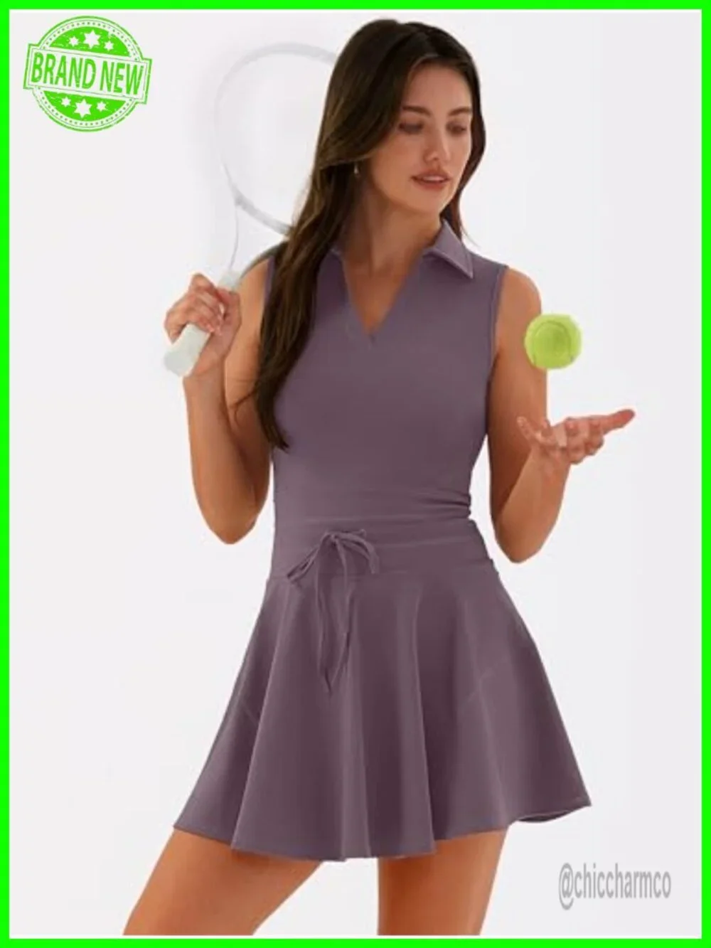 Women's 2 Piece Tennis Dress Set with Built-in Shorts, Polo Neck Sleeveless